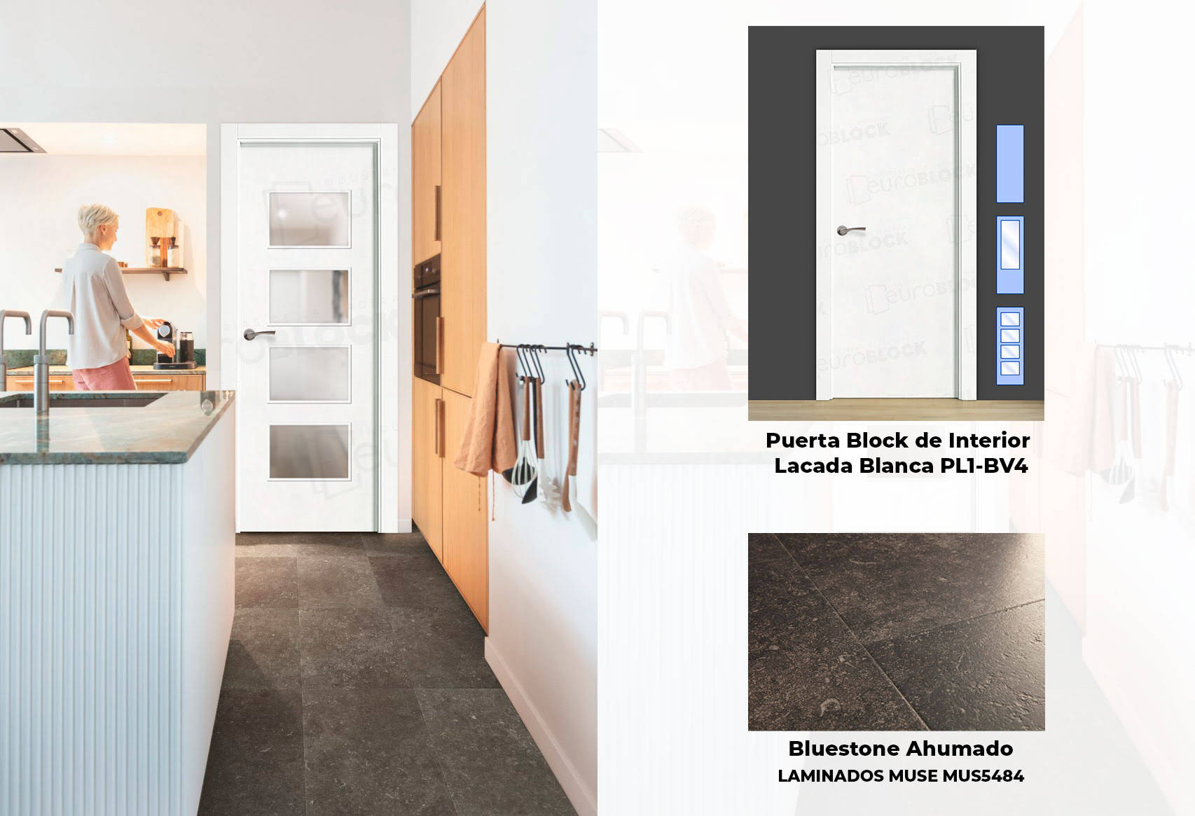 Puertas blancas PL1 y suelo gris bluestone ahumado