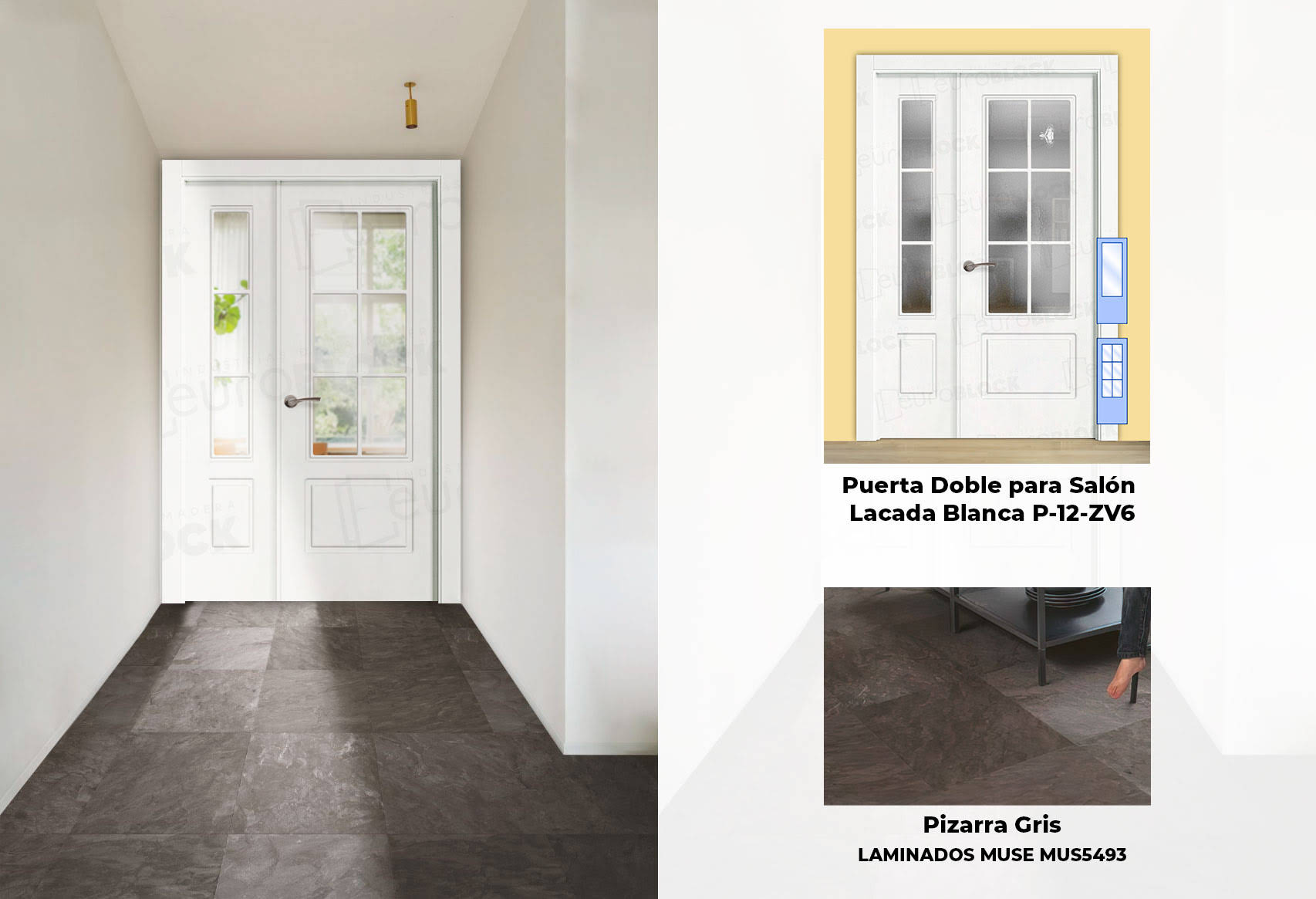 Puertas blancas P-12 y suelo pizarra gris