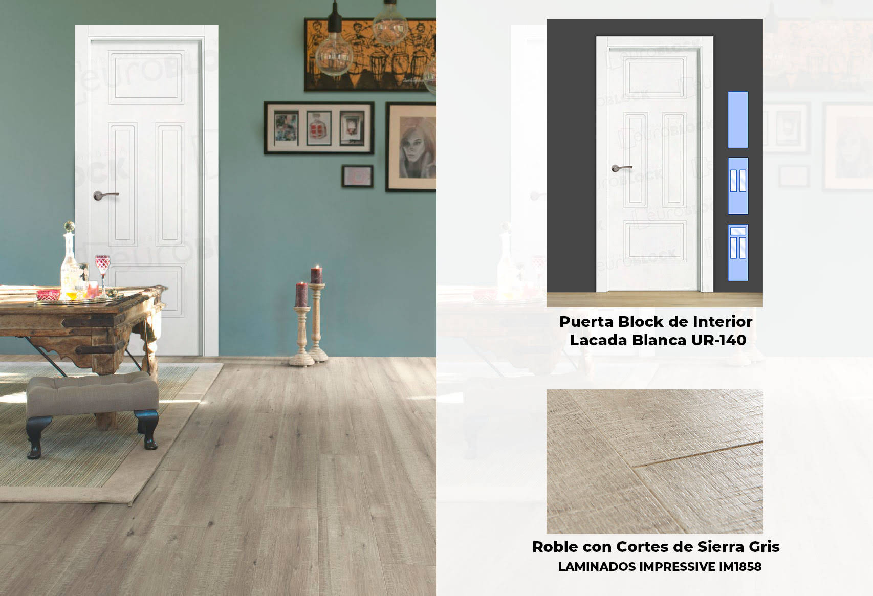 Puertas blancas UR-140 y suelo roble gris con cortes de sierra