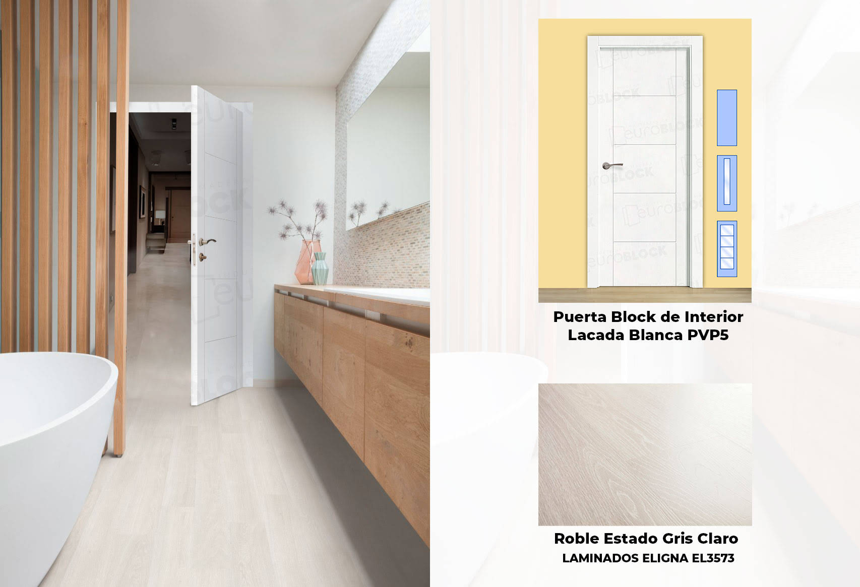 Puertas blancas PVT5 y suelo roble estado gris claro