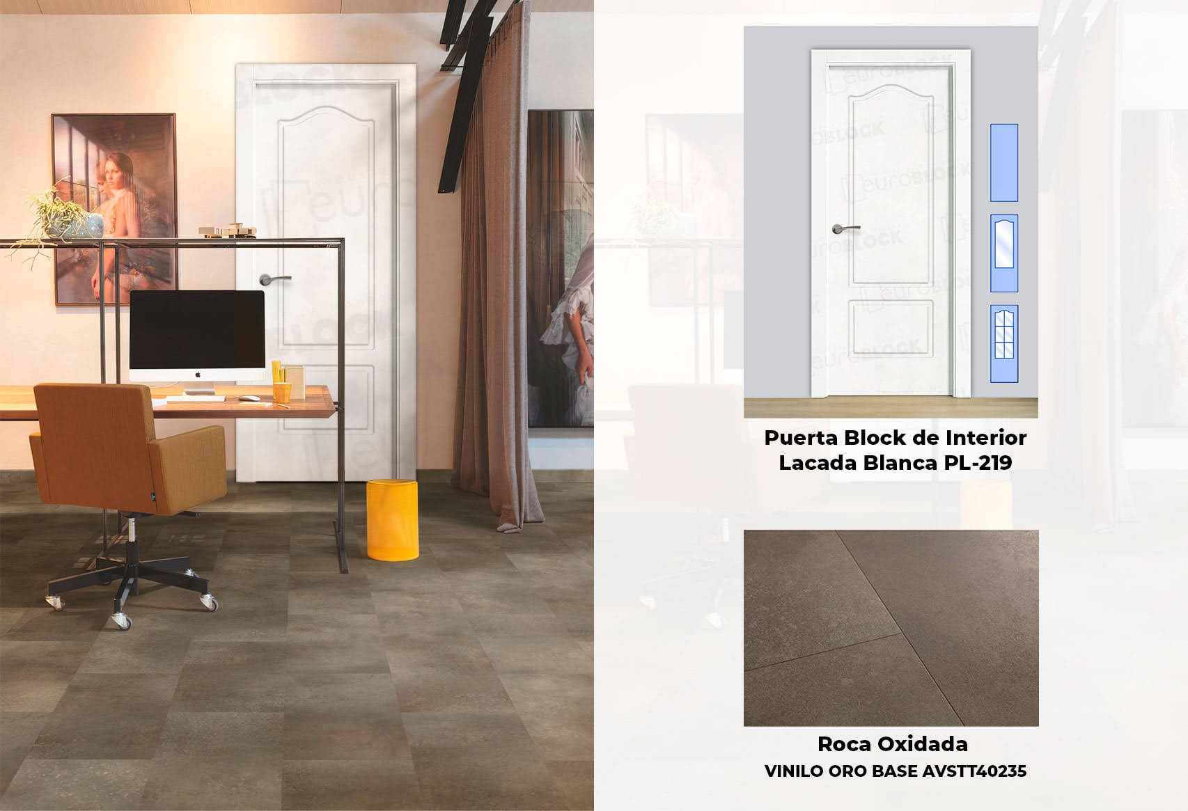 Puertas blancas PL-219 y suelo gris roca oxidada