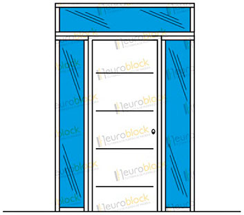 Puerta de exterior de una hoja, dos fijos laterales y un altillo superior Puerta de exterior de una hoja, dos fijos laterales y un altillo superior