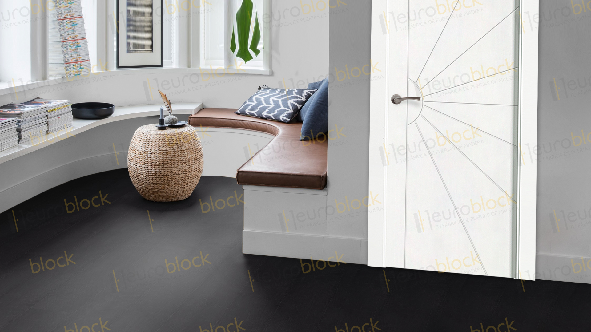 Suelo laminado oscuro Planchas Quemadas oscuro con puertas lacadas blancas P-Radial