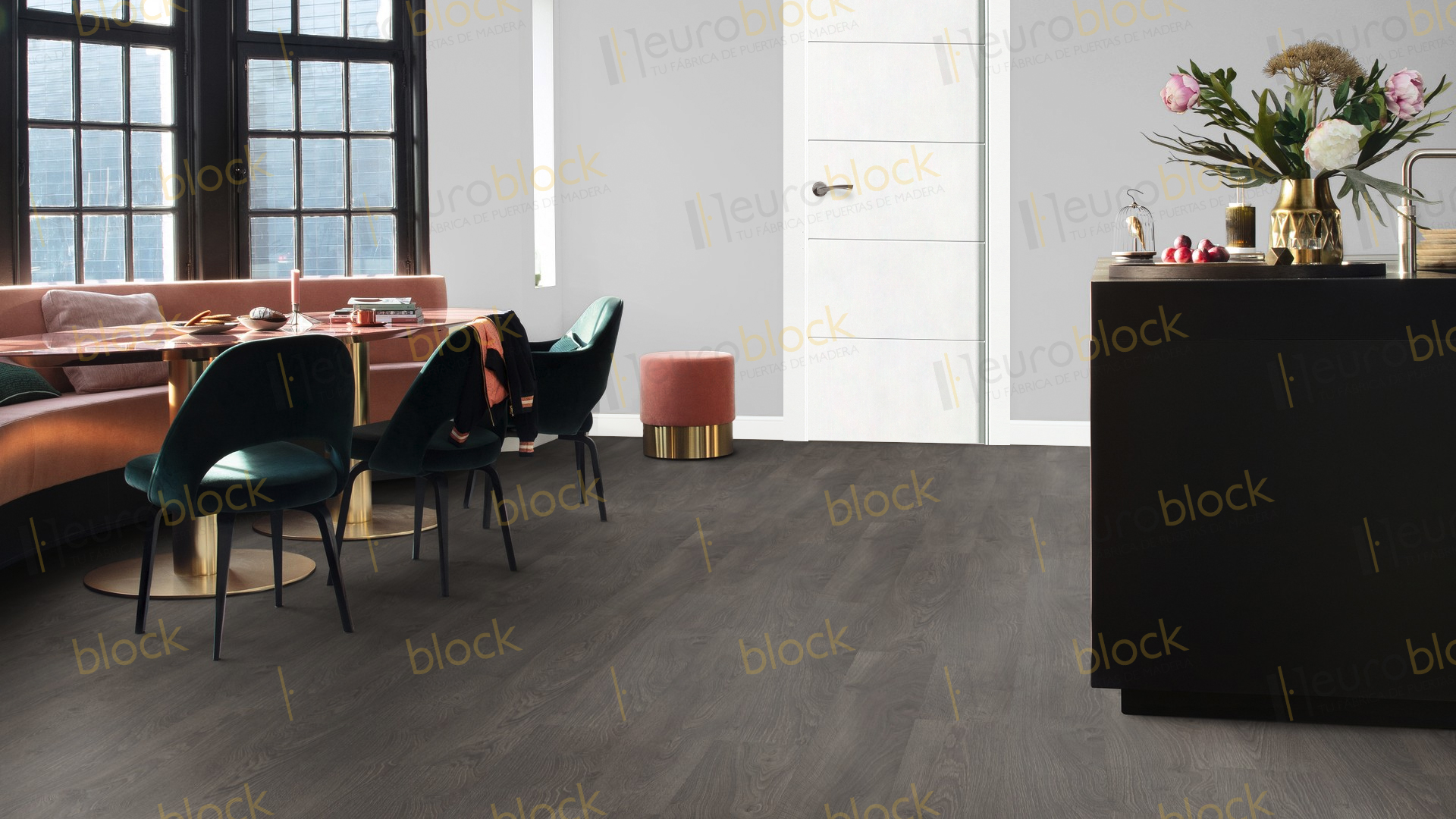 Suelo Laminado Roble Viejo Gris oscuro con puertas lacadas blancas PVT5