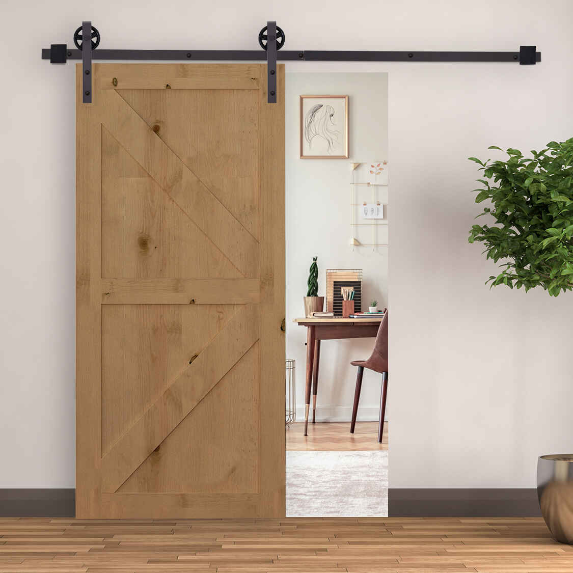 6FT/183cm Herraje para Puerta Corredera Kit de Accesorios para Puerta Corrediza de Madera con Guía de Suelo Riel de Acero al Carbono Café Oscuro