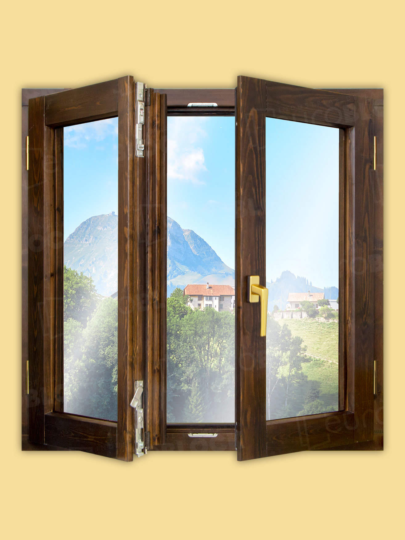 Ventana Europea de Madera Maciza de Pino V2 Teñida (Cristal Transparente Incluido)