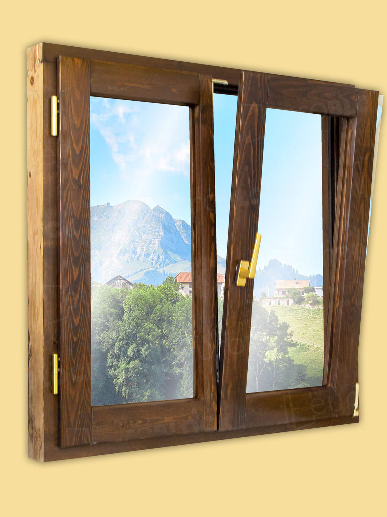 Ventana Europea de Madera Maciza de Pino V2 Teñida (Cristal Transparente Incluido)