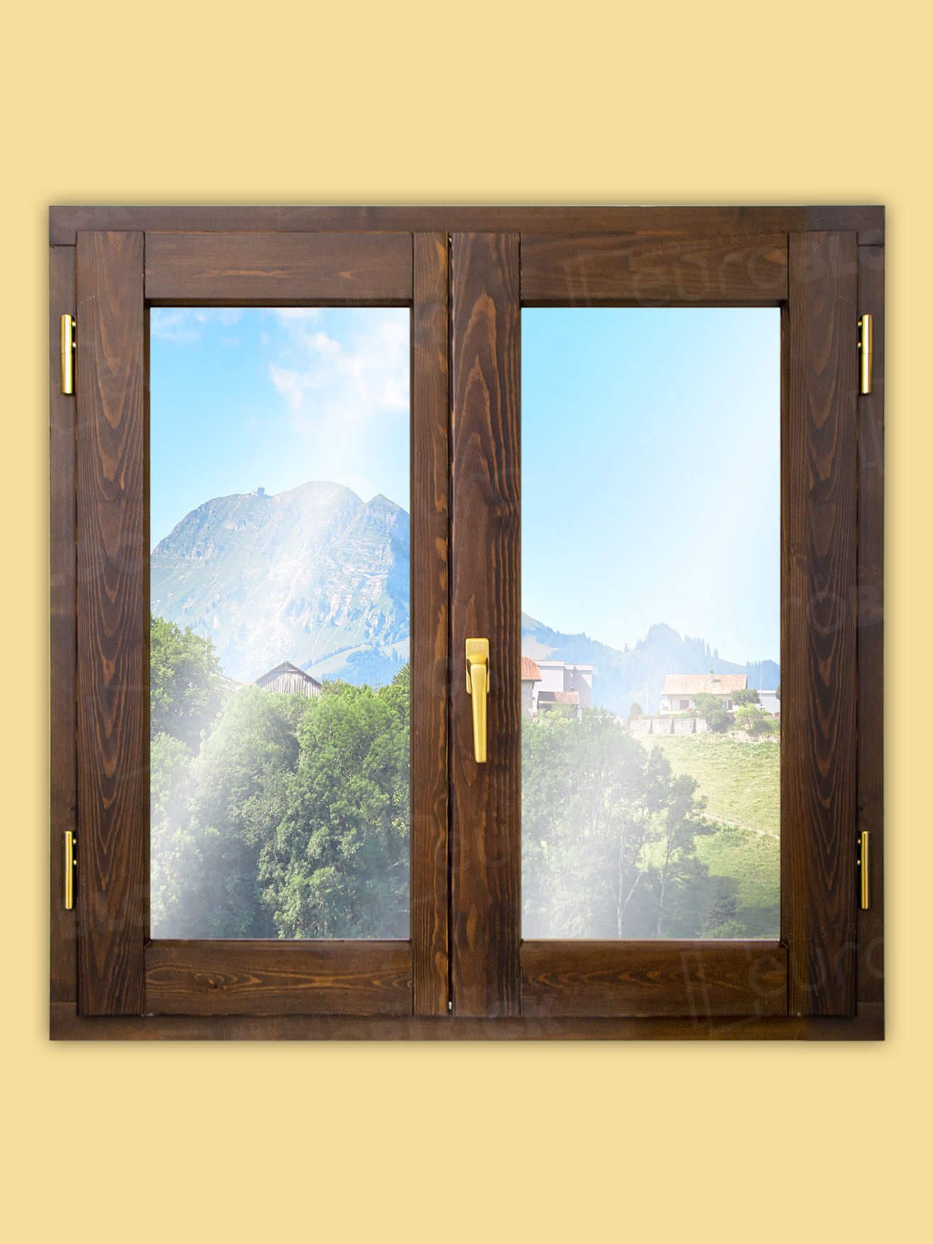 Ventana Europea de Madera Maciza de Pino V2 Teñida (Cristal Transparente Incluido)